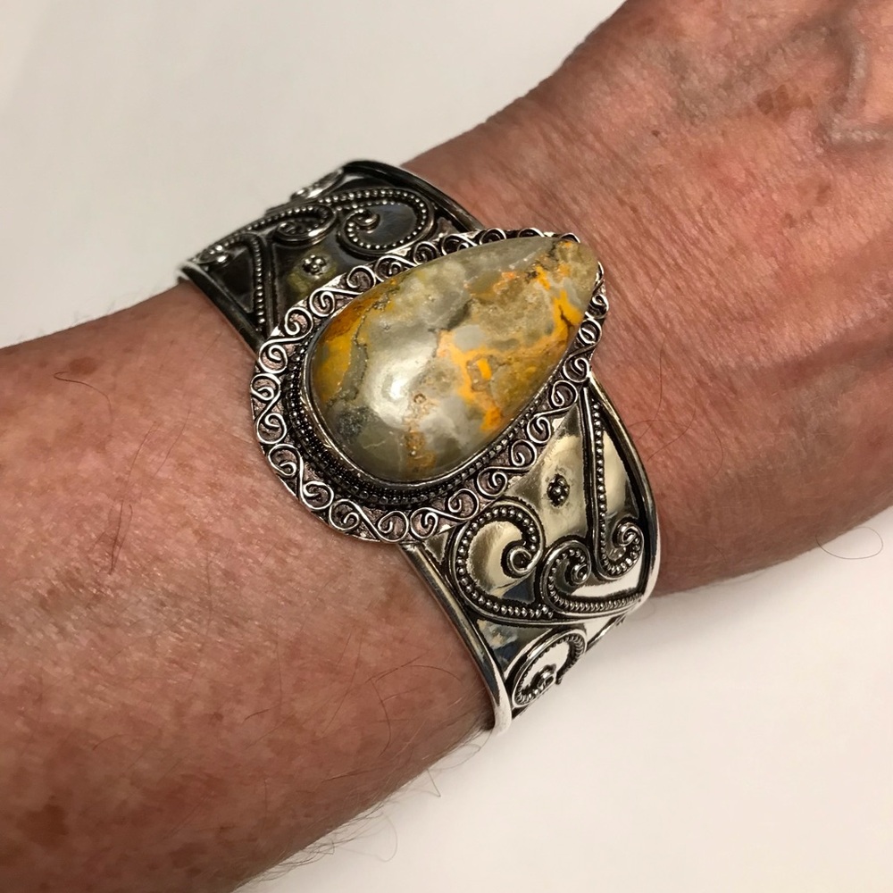 Bubble Bee Jasper Stamped 925 Sterling Silver Cuff Bracelet